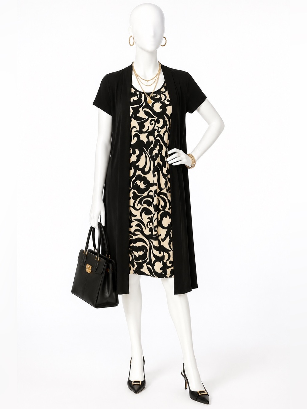 Black Open Short-Sleeve Cardigan with Black & Cream Swirl Dress